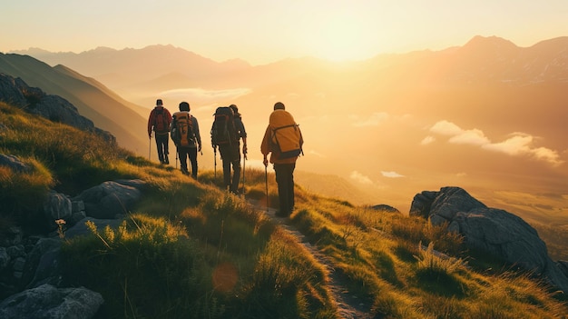 Un grupo de personas sube una colina al atardecer