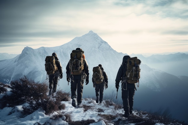 Foto un grupo de personas subiendo una montaña nevada