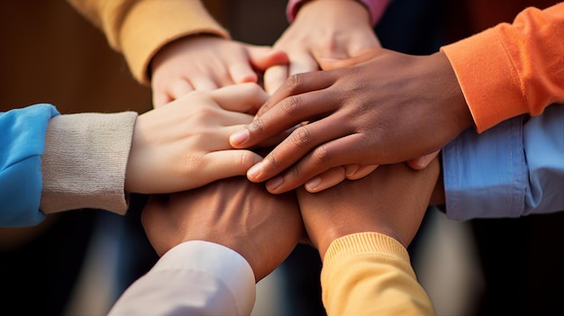 un grupo de personas con sus manos juntas en un círculo