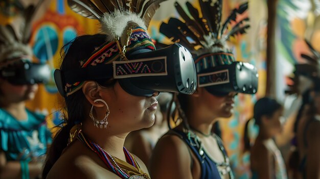 Foto un grupo de personas con tocados tradicionales y auriculares de realidad virtual están de pie en un entorno colorido y vibrante