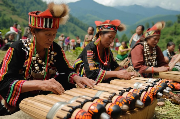 un grupo de personas tocando instrumentos musicales en un campo