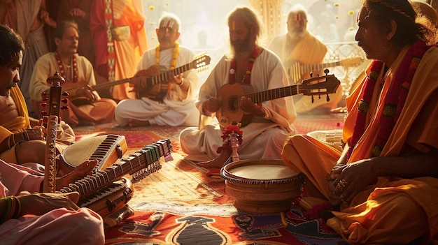 un grupo de personas tocando instrumentos y uno tiene una imagen de un hombre tocando un tambor