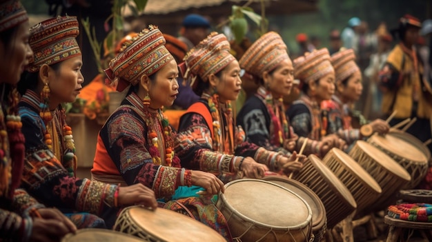 Un grupo de personas tocando tambores en un festival.