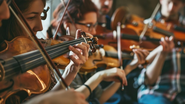 un grupo de personas tocando violines con uno siendo tocado por un hombre