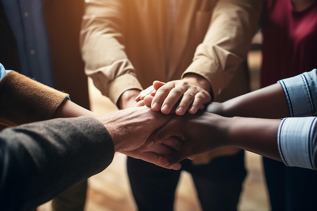 un grupo de personas tomadas de la mano en medio de un círculo con las manos una encima de la otra