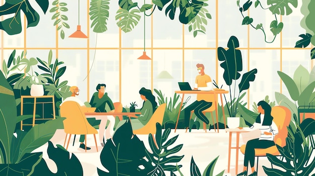 Un grupo de personas trabaja en una oficina verde hay plantas por todas partes y la gente está toda vestida de ropa casual