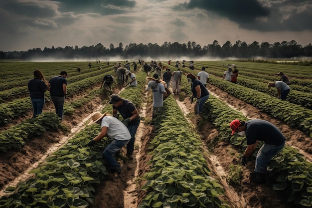 Un grupo de personas trabajando en un campo con tabaco de fondo.