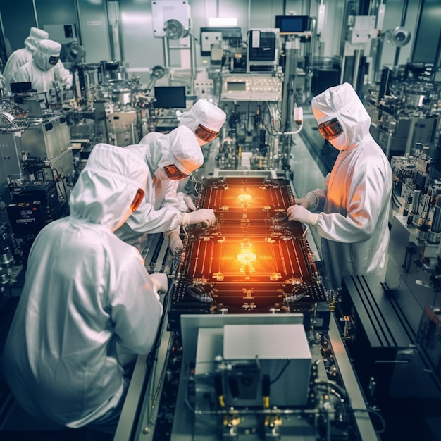 Un grupo de personas trabajando en una máquina con una luz encendida.