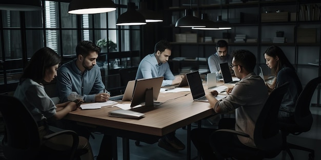 Grupo de personas trabajando en un plan de negocios en una oficina