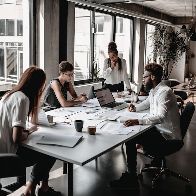 Grupo de personas trabajando en un plan de negocios en una oficina