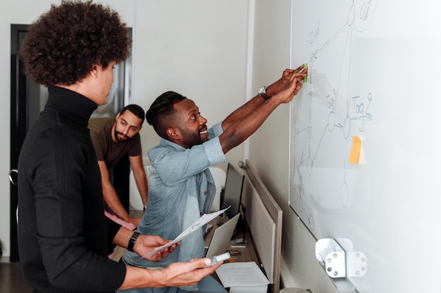 Grupo de personas trabajando en un plan de negocios en una oficina