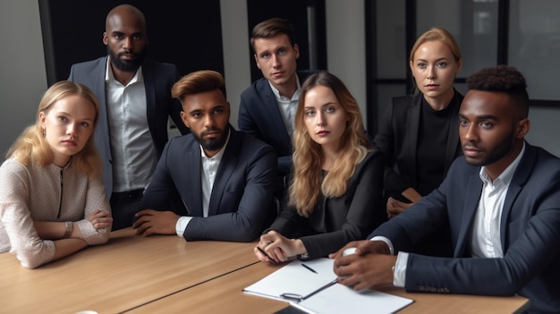 Un grupo de personas con traje se sienta alrededor de una mesa, uno de ellos está hablando en una mesa de conferencias.