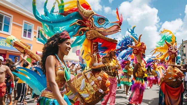 Un grupo de personas con trajes coloridos están bailando y celebrando en un desfile