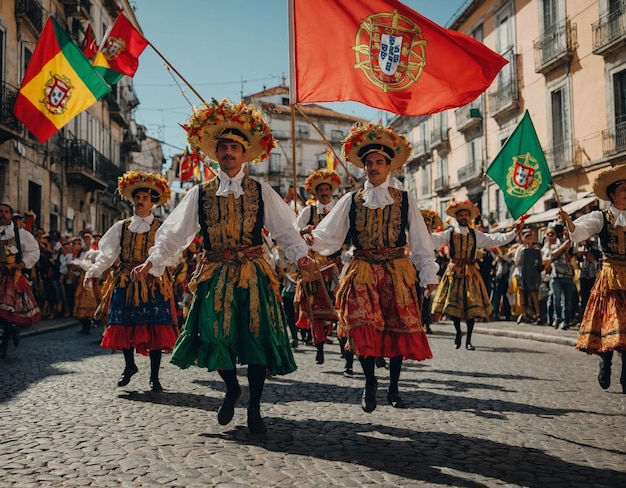 un grupo de personas en trajes coloridos están caminando en un desfile