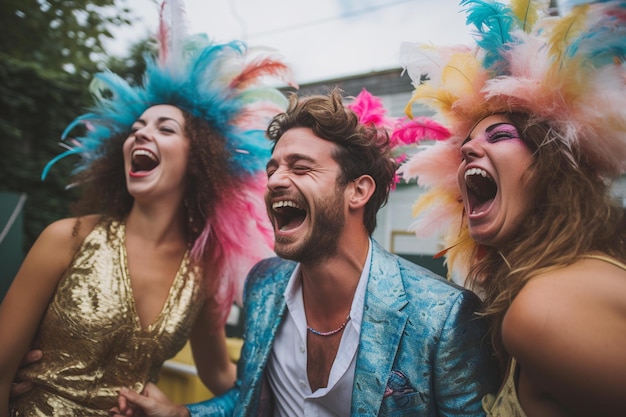 Grupo de personas con trajes coloridos con las palabras "feliz"