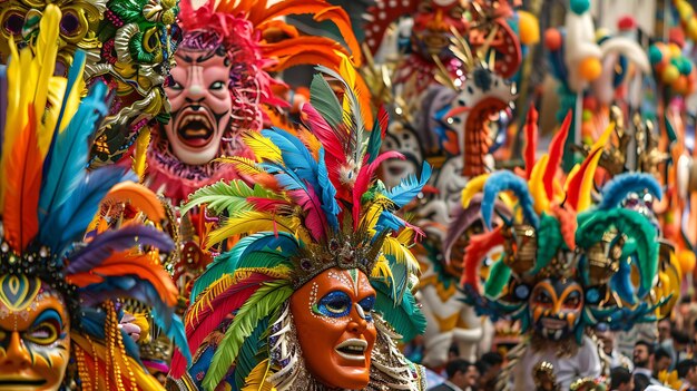 Un grupo de personas con trajes y máscaras coloridas y elaboradas están bailando y celebrando en una calle