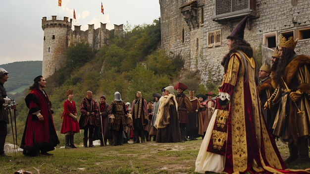 Foto un grupo de personas con trajes medievales se reúnen en un patio hay un castillo en el fondo