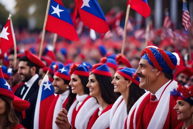 Un grupo de personas con trajes rojos, blancos y azules con una bandera.