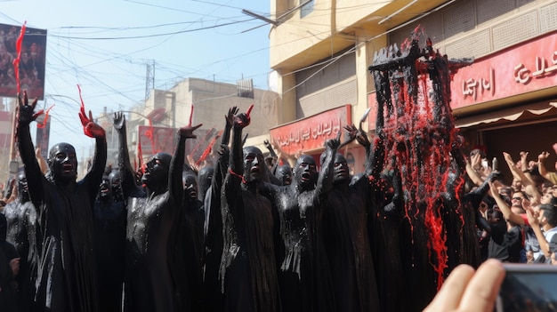 un grupo de personas con trajes rojos y negros están en un desfile.