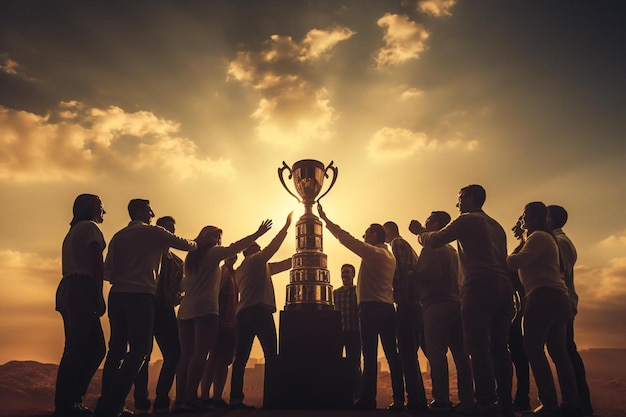 un grupo de personas con un trofeo y el sol detrás