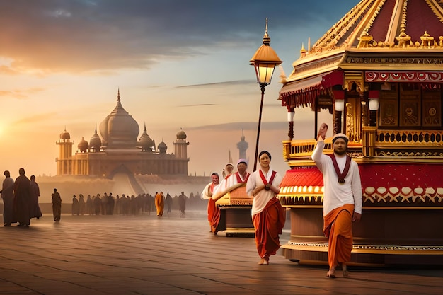 Foto un grupo de personas con túnicas naranjas camina frente a un templo con un templo al fondo.