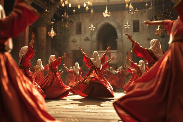 un grupo de personas con túnicas rojas están actuando en un templo