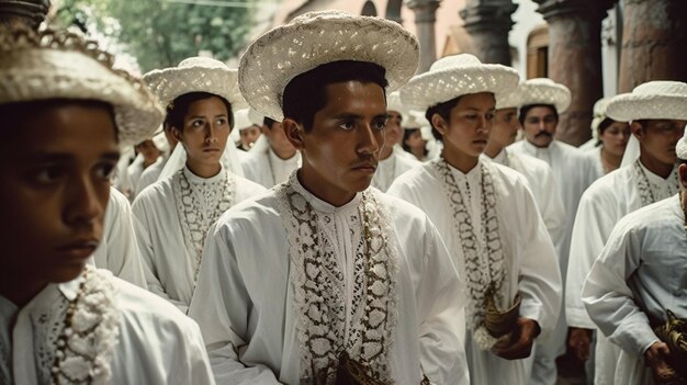 Foto un grupo de personas con túnicas y sombreros blancos.