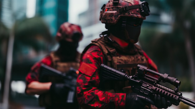 un grupo de personas en uniformes militares con armas