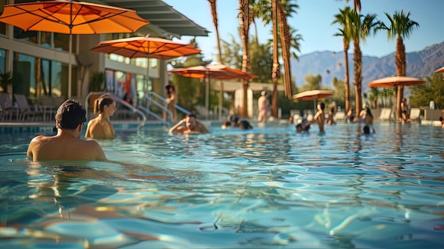 Grupo de personas en las vacaciones de verano en la piscina de un complejo turístico