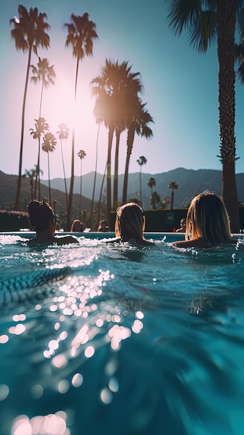 Grupo de personas en las vacaciones de verano en la piscina de un complejo turístico