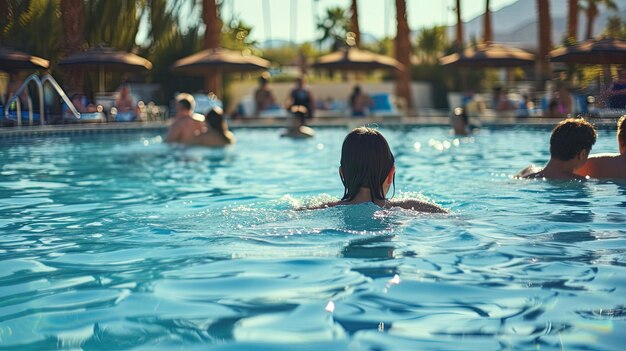 Grupo de personas en las vacaciones de verano en la piscina de un complejo turístico