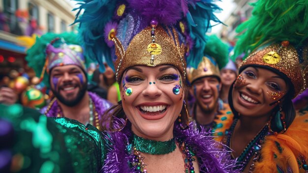 Un grupo de personas vestidas con trajes coloridos personas felices en trajes celebrando el Mardi Gras