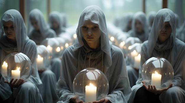 Un grupo de personas vestidas con túnicas blancas sosteniendo una vela en un círculo.