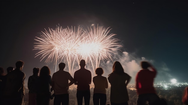 Grupo de personas viendo fuegos artificiales Ilustración AI Generativo