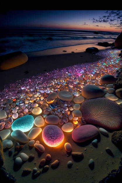 Grupo de piedras que se sientan encima de una playa arenosa ai generativo