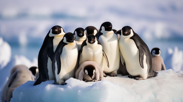 Un grupo de pingüinos acurrucados en el hielo