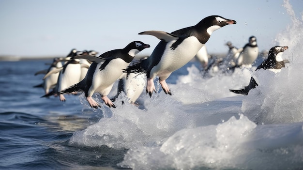Grupo de pingüinos Adelia (pygoscelis adeliae) saltando al océano en la isla Paulet en la Antártida