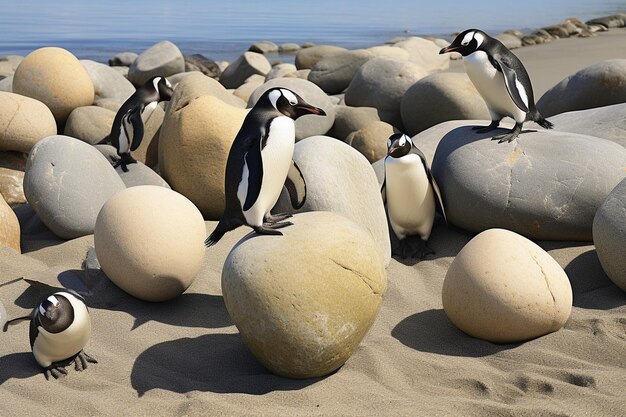 Foto un grupo de pingüinos están en una playa con uno que tiene un agujero en el medio