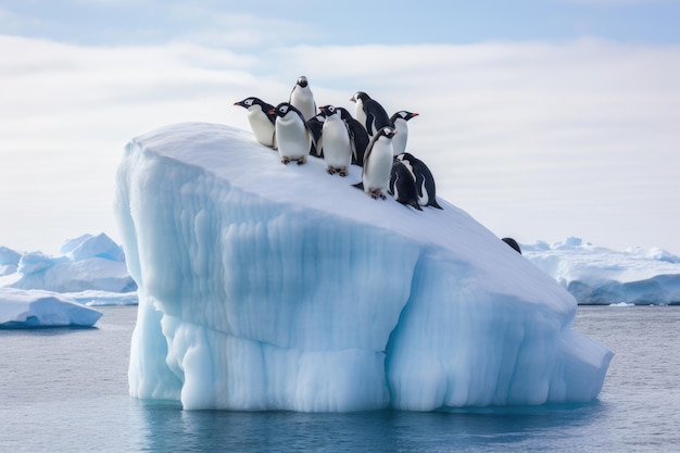 Un grupo de pingüinos en un icebergPingüinos Gentoo en un iciberg Península antártica Antártida pingüinos de correa de barbilla Pygoscelis antártica en un icuberg generado por Ai