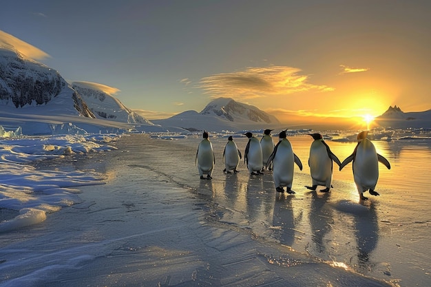 Un grupo de pingüinos juguetones caminando por las costas heladas bajo el brillante sol antártico