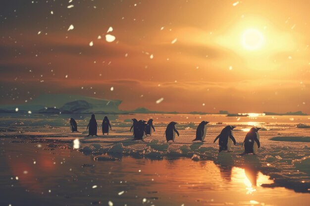 Un grupo de pingüinos juguetones caminando por las costas heladas bajo el brillante sol antártico
