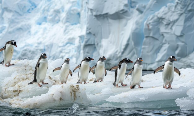 Un grupo de pingüinos juguetones caminando por las costas heladas bajo el brillante sol antártico