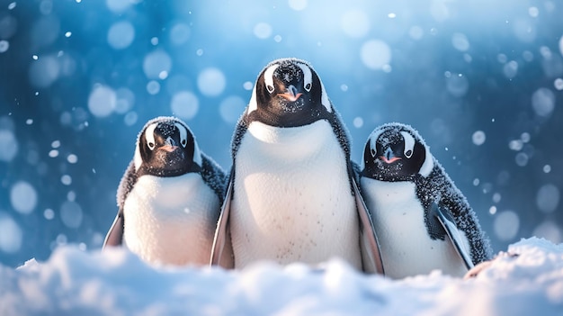 Grupo de pingüinos en la nieve hermoso pingüino