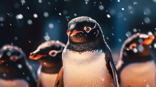 Grupo de pingüinos en la nieve hermoso pingüino