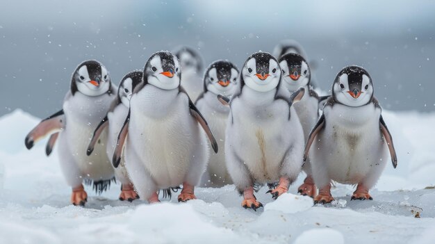 Foto un grupo de pingüinos de pie en la nieve