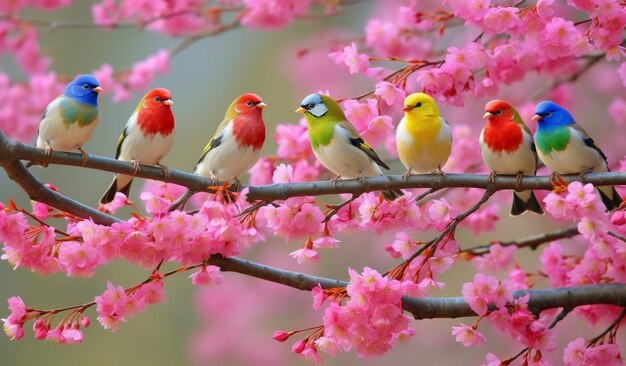 Foto un grupo de pinzones coloridos revoloteando entre las ramas de un cerezo en flor sus alegres chirridos llenan el aire de música