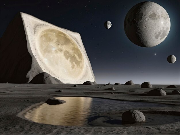 un grupo de planetas en un desierto con una gran formación rocosa en primer plano
