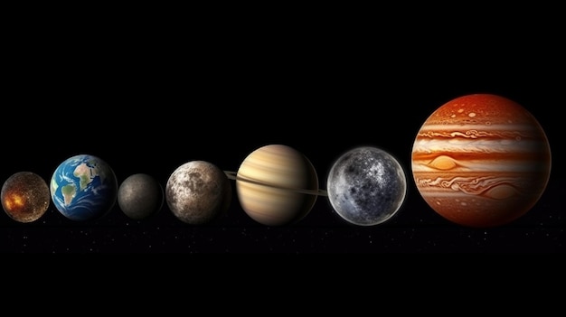 Un grupo de planetas en una fila con el sol y la luna en el fondo generativo ai