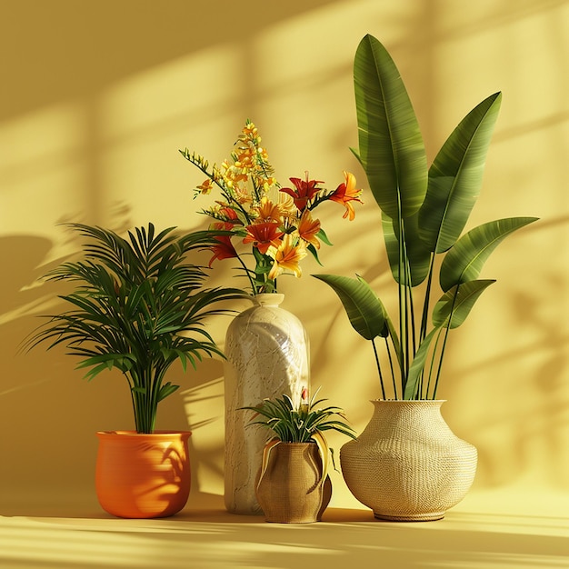 un grupo de plantas y flores están en una mesa