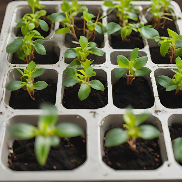 un grupo de plantas verdes están creciendo en un recipiente blanco